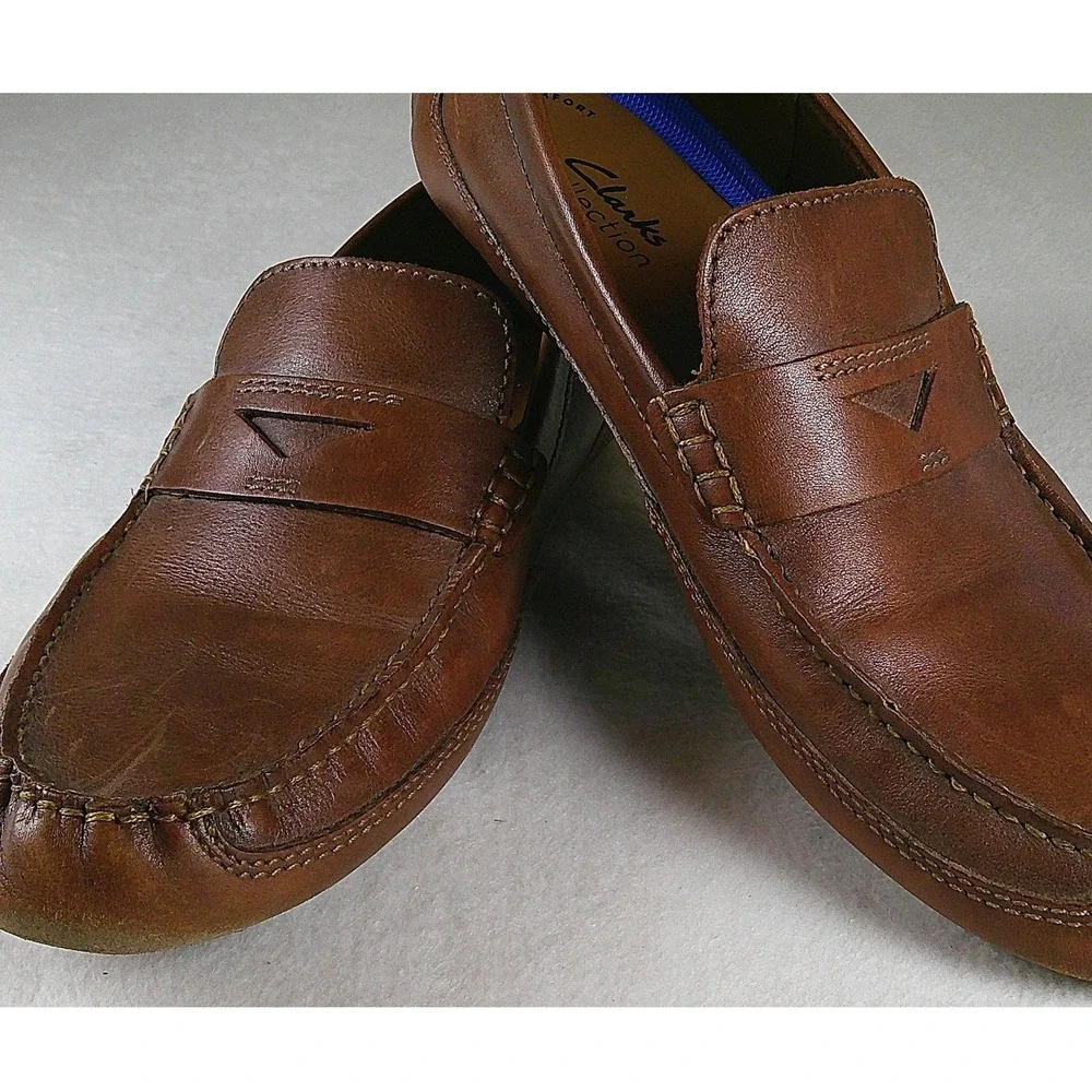 Clarks Collection Mens Leather Penny Loafers Tan Brown Driving Mocs 8.5 26163881
